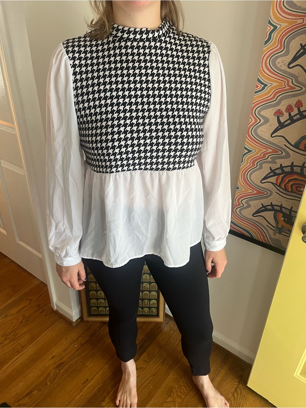 Absolutely Famous Houndstooth Mock-Neck Peplum Blouse - Black & White